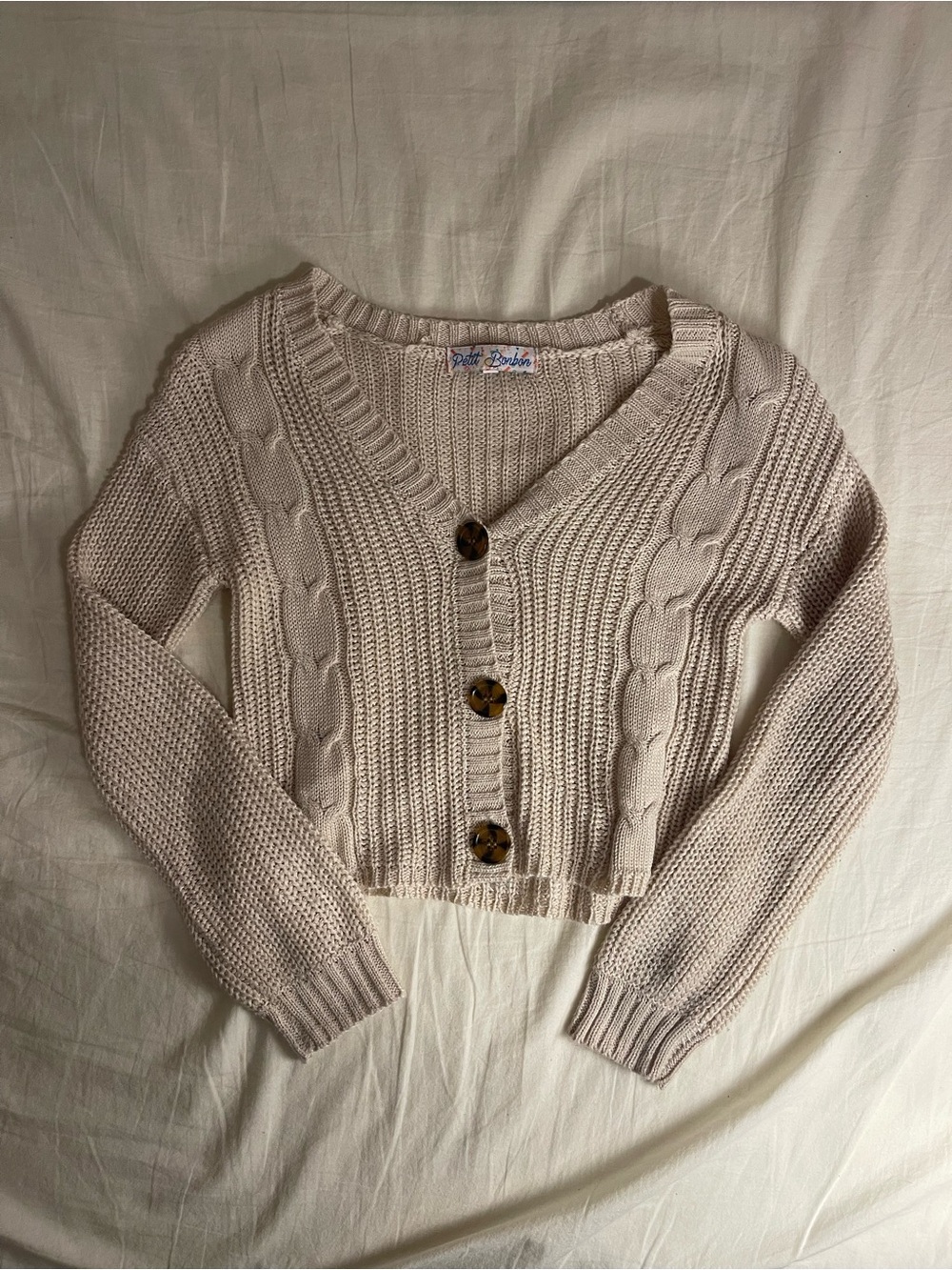 Beige Cable Knit Cardigan With Button Closure